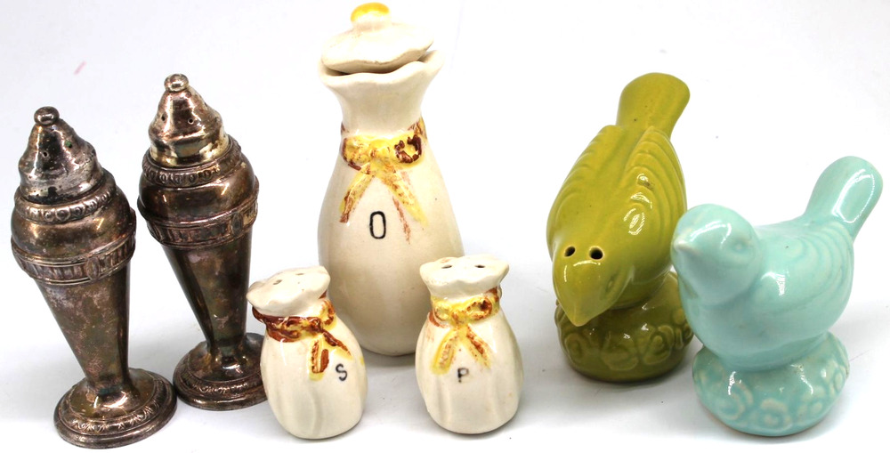 Lot Vintage Salt Pepper Shakers Oil Jar Art Deco Ceramic Silverplate NECO Japan
